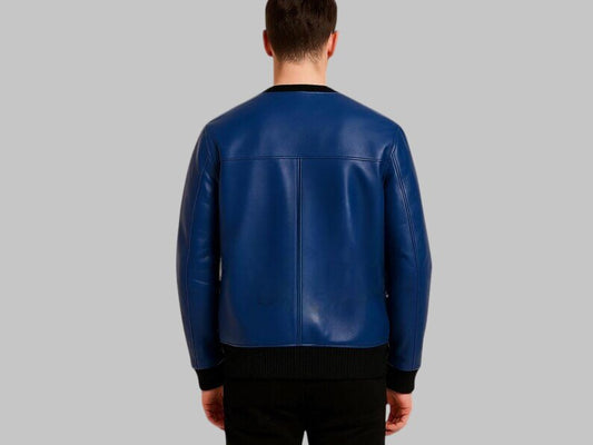 Men Royal Blue Sheepskin Leather High Neck Jacket
