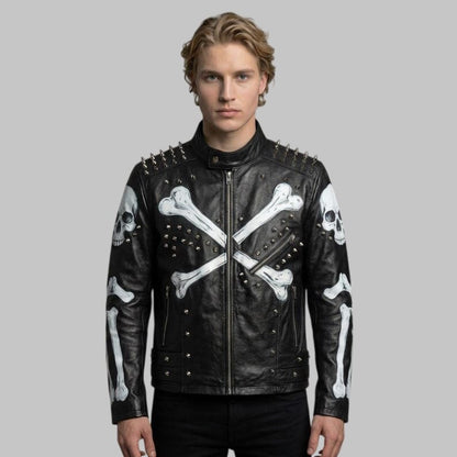Men Spiked Skeleton Studded Biker Leather Jacket