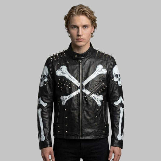 Men Spiked Skeleton Studded Biker Leather Jacket