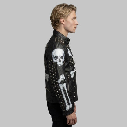 Men Spiked Skeleton Studded Biker Leather Jacket