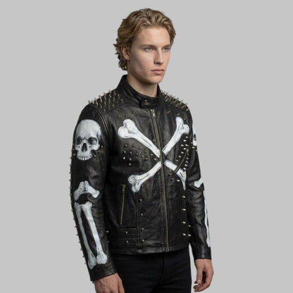 Men Spiked Skeleton Studded Biker Leather Jacket