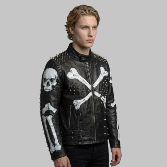 Men Spiked Skeleton Studded Biker Leather Jacket