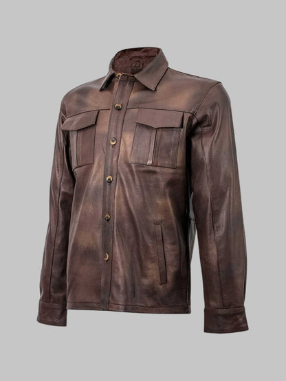 Men Summer Brown Cowhide Leather Shirt