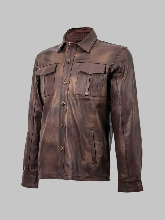 Men Summer Brown Cowhide Leather Shirt