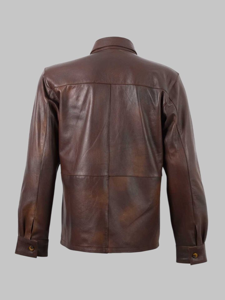 Men Summer Brown Cowhide Leather Shirt