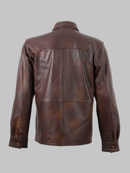 Men Summer Brown Cowhide Leather Shirt