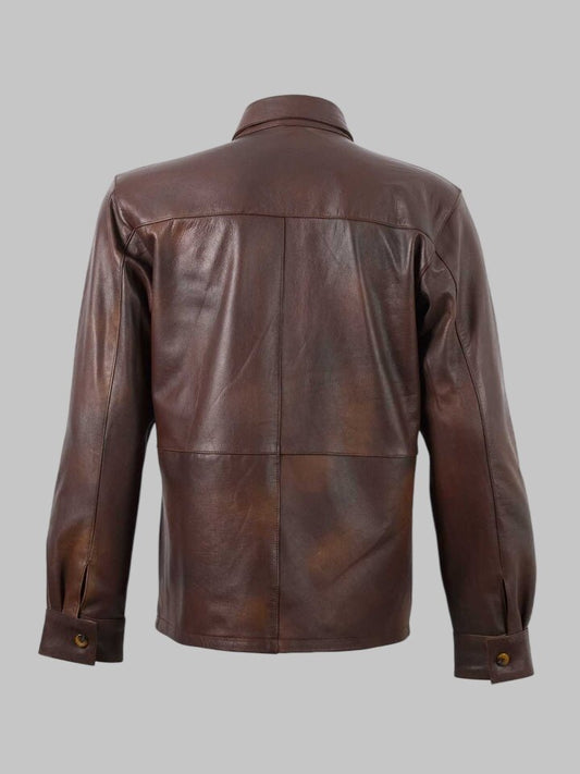Men Summer Brown Cowhide Leather Shirt