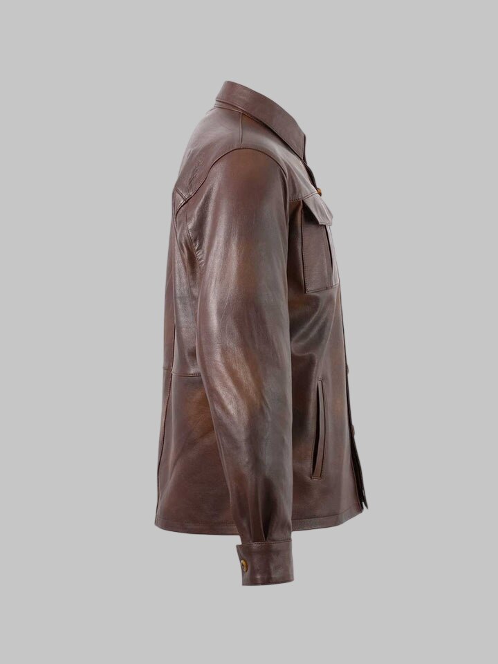 Men Summer Brown Cowhide Leather Shirt