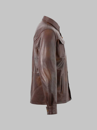 Men Summer Brown Cowhide Leather Shirt