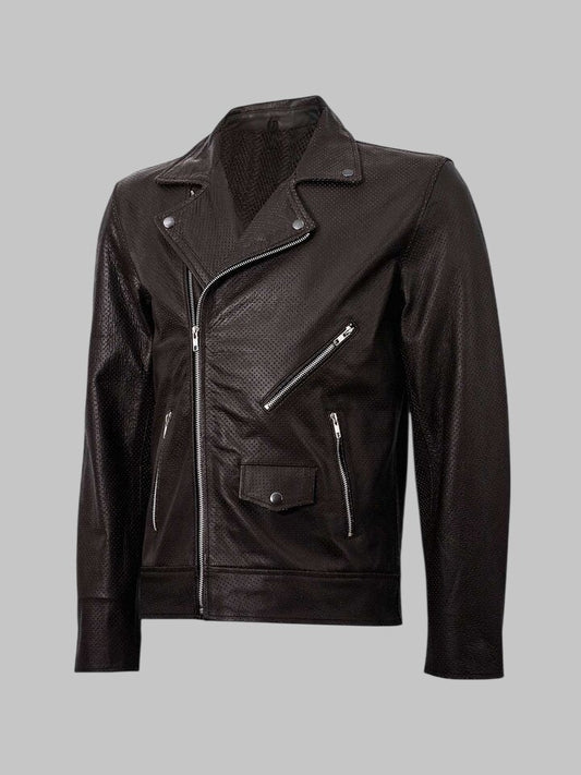 Men Summer Perforated Cowhide Leather Biker Jacket