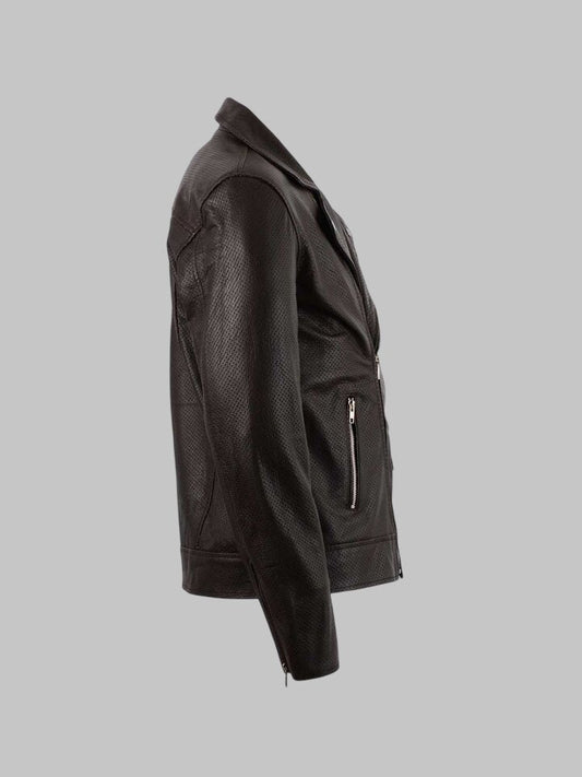 Men Summer Perforated Cowhide Leather Biker Jacket