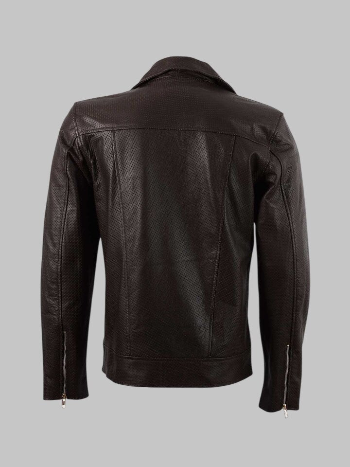Men Summer Perforated Cowhide Leather Biker Jacket