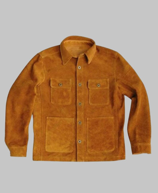 Men Tan Brown Suede Leather Trucker Jacket