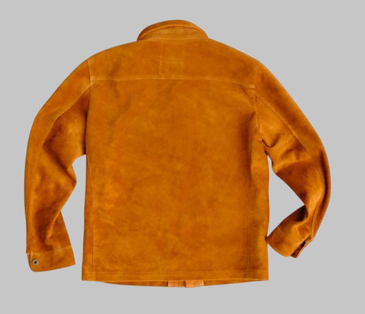 Men Tan Brown Suede Leather Trucker Jacket