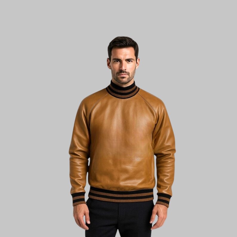Men Tan Sheepskin Leather Pullover Jacket