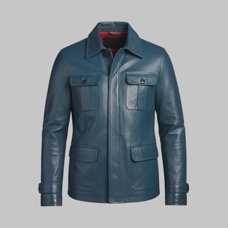 Men Vintage Blue Leather Jacket Handmade