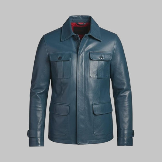 Men Vintage Blue Leather Jacket Handmade