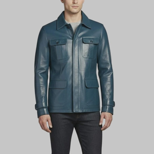 Men Vintage Blue Leather Jacket Handmade