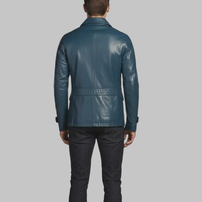 Men Vintage Blue Leather Jacket Handmade