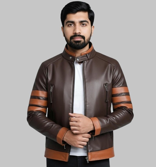 Men Vintage Brown Cafe Racer Leather Jacket Two Tone