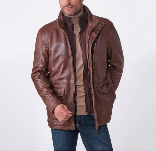 Men Vintage Brown Leather Field Jacket with Removable Bib