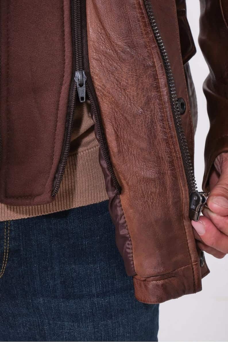 Men Vintage Brown Leather Field Jacket with Removable Bib