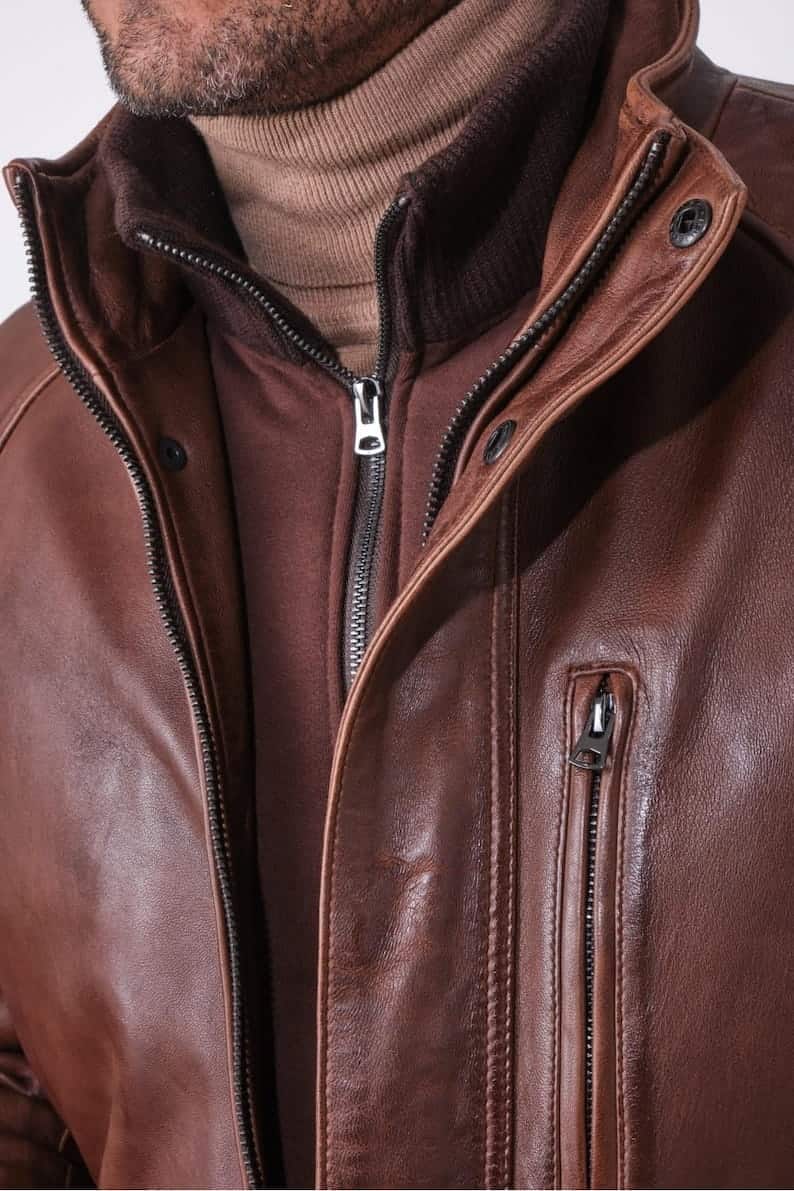 Men Vintage Brown Leather Field Jacket with Removable Bib