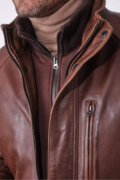Men Vintage Brown Leather Field Jacket with Removable Bib