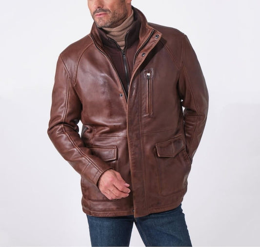 Men Vintage Brown Leather Field Jacket with Removable Bib