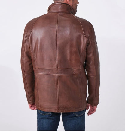 Men Vintage Brown Leather Field Jacket with Removable Bib