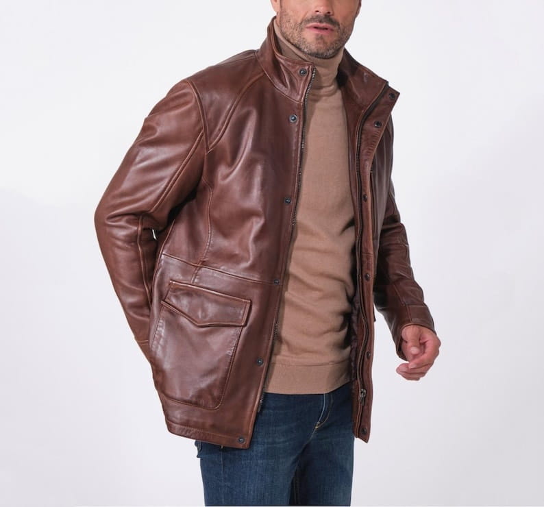 Men Vintage Brown Leather Field Jacket with Removable Bib