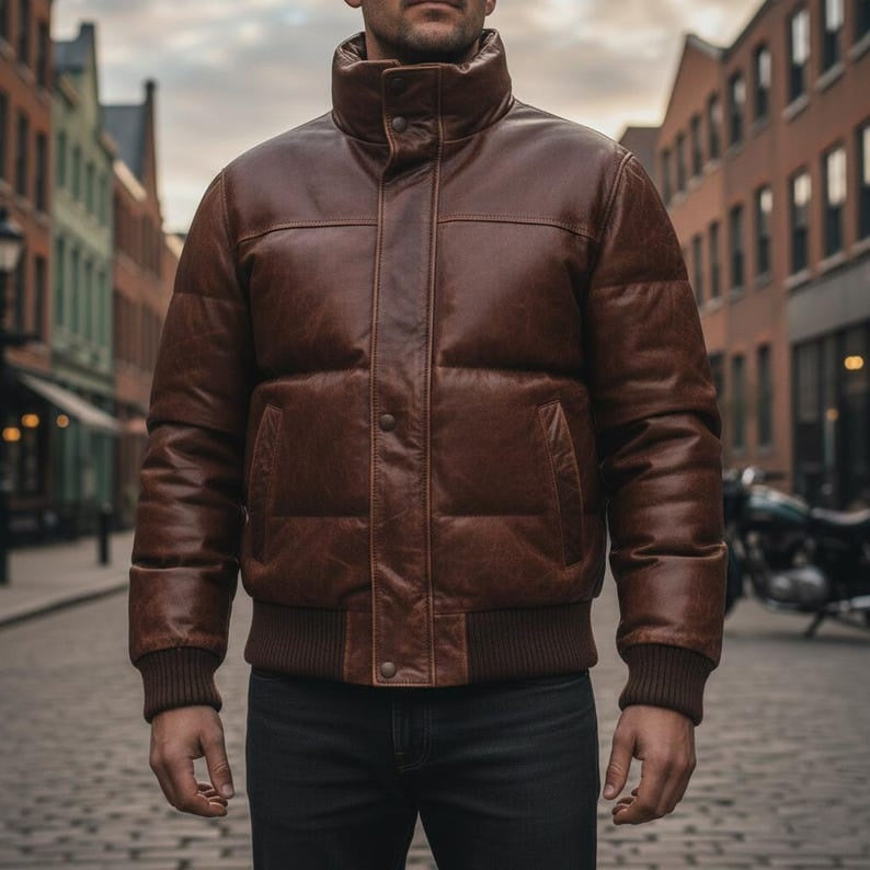 Men Vintage Brown Leather Puffer Jacket