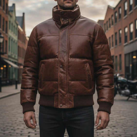 Men Vintage Brown Leather Puffer Jacket