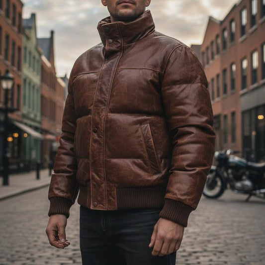 Men Vintage Brown Leather Puffer Jacket