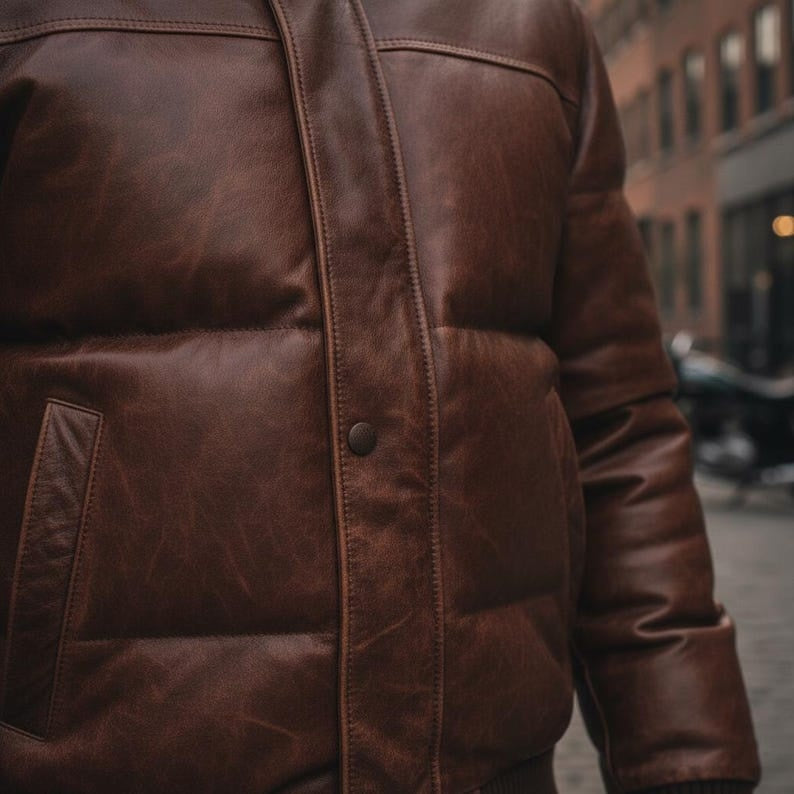 Men Vintage Brown Leather Puffer Jacket