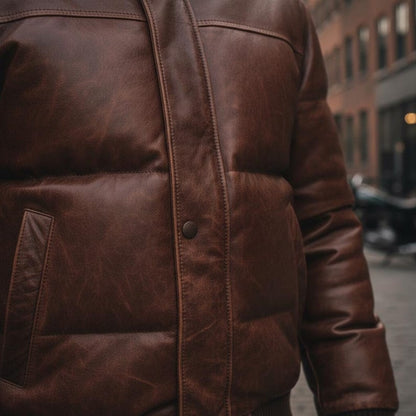 Men Vintage Brown Leather Puffer Jacket