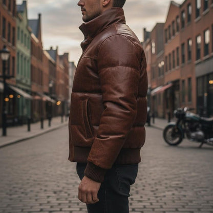 Men Vintage Brown Leather Puffer Jacket