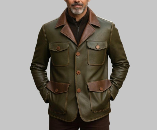 Men Vintage Green Leather Jacket Brown Detail