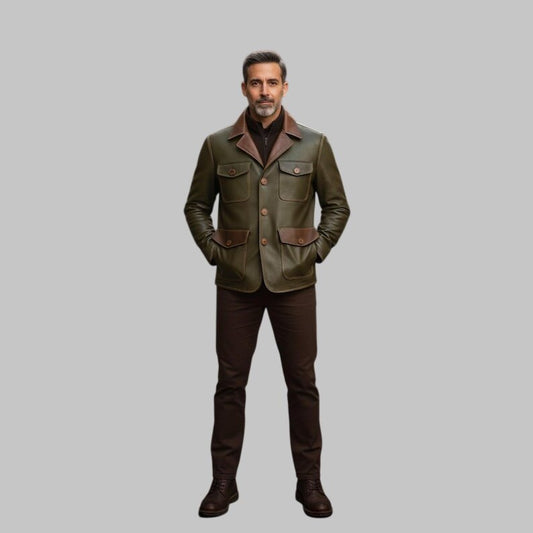 Men Vintage Green Leather Jacket Brown Detail