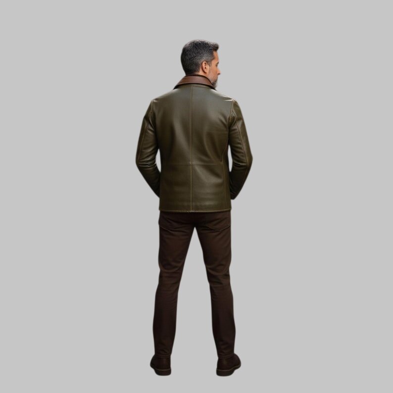 Men Vintage Green Leather Jacket Brown Detail