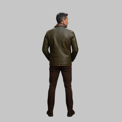 Men Vintage Green Leather Jacket Brown Detail