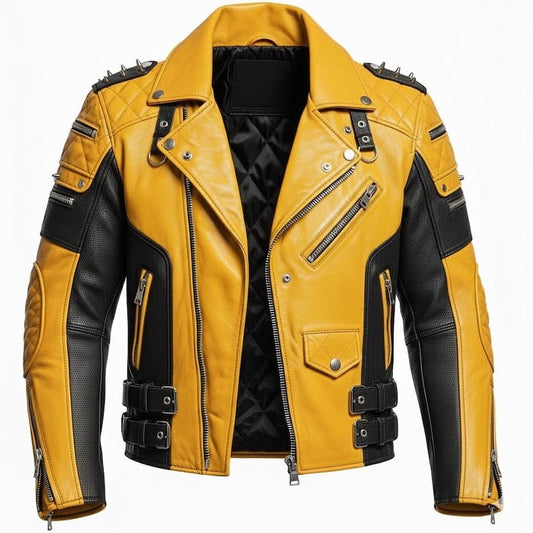 Men Yellow Black Spiked Leather Biker Jacket