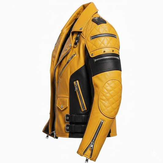Men Yellow Black Spiked Leather Biker Jacket
