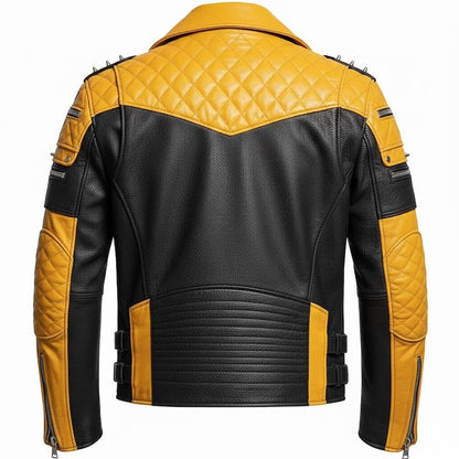 Men Yellow Black Spiked Leather Biker Jacket