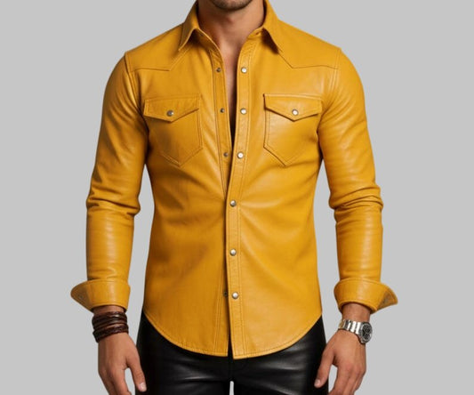 Men Yellow Lambskin Leather Shirt Slim Fit Western