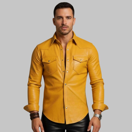 Men Yellow Lambskin Leather Shirt Slim Fit Western