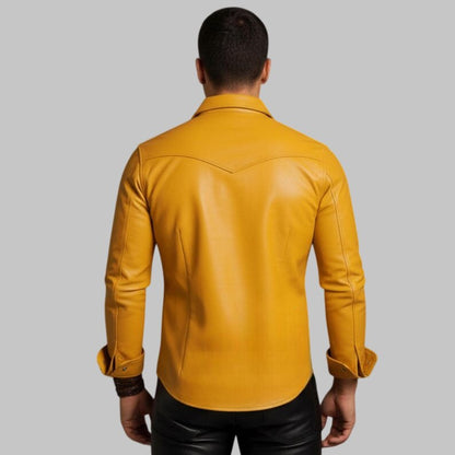 Men Yellow Lambskin Leather Shirt Slim Fit Western