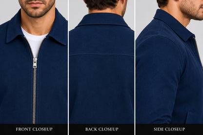 Close up of men’s navy blue sheepskin suede leather biker jacket showing soft suede texture, button closure, stitching and pocket details