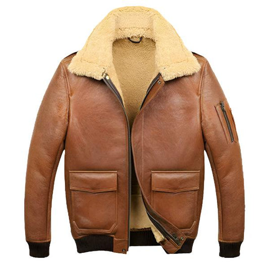 Men’s Aviator Camel Brown A2 Fur Shearling Leather Bomber Jacket