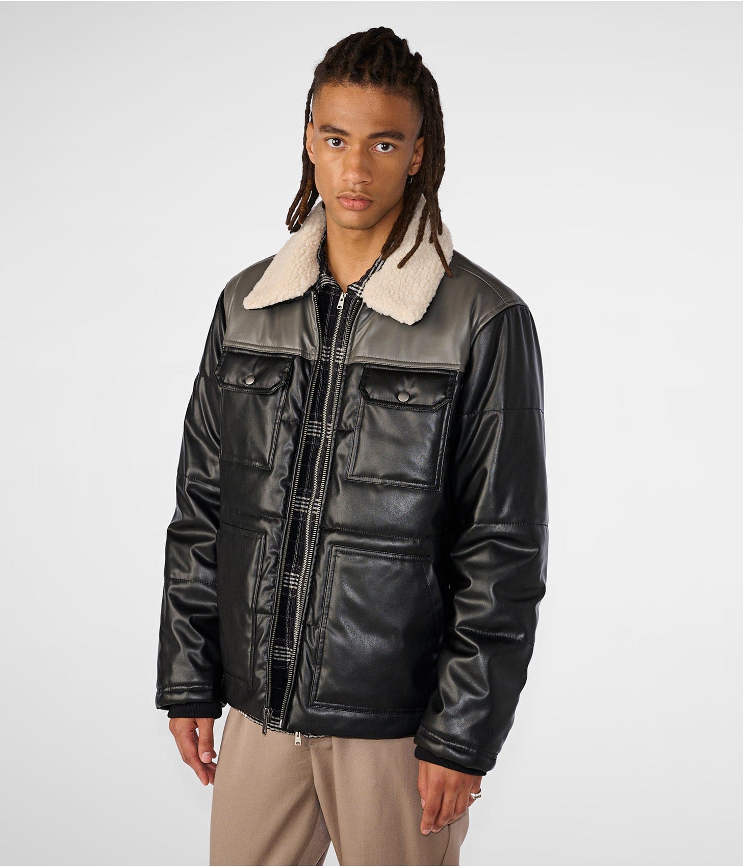 Men's Black & Gray Leather Puffer Jacket with Removable Shearling Collar